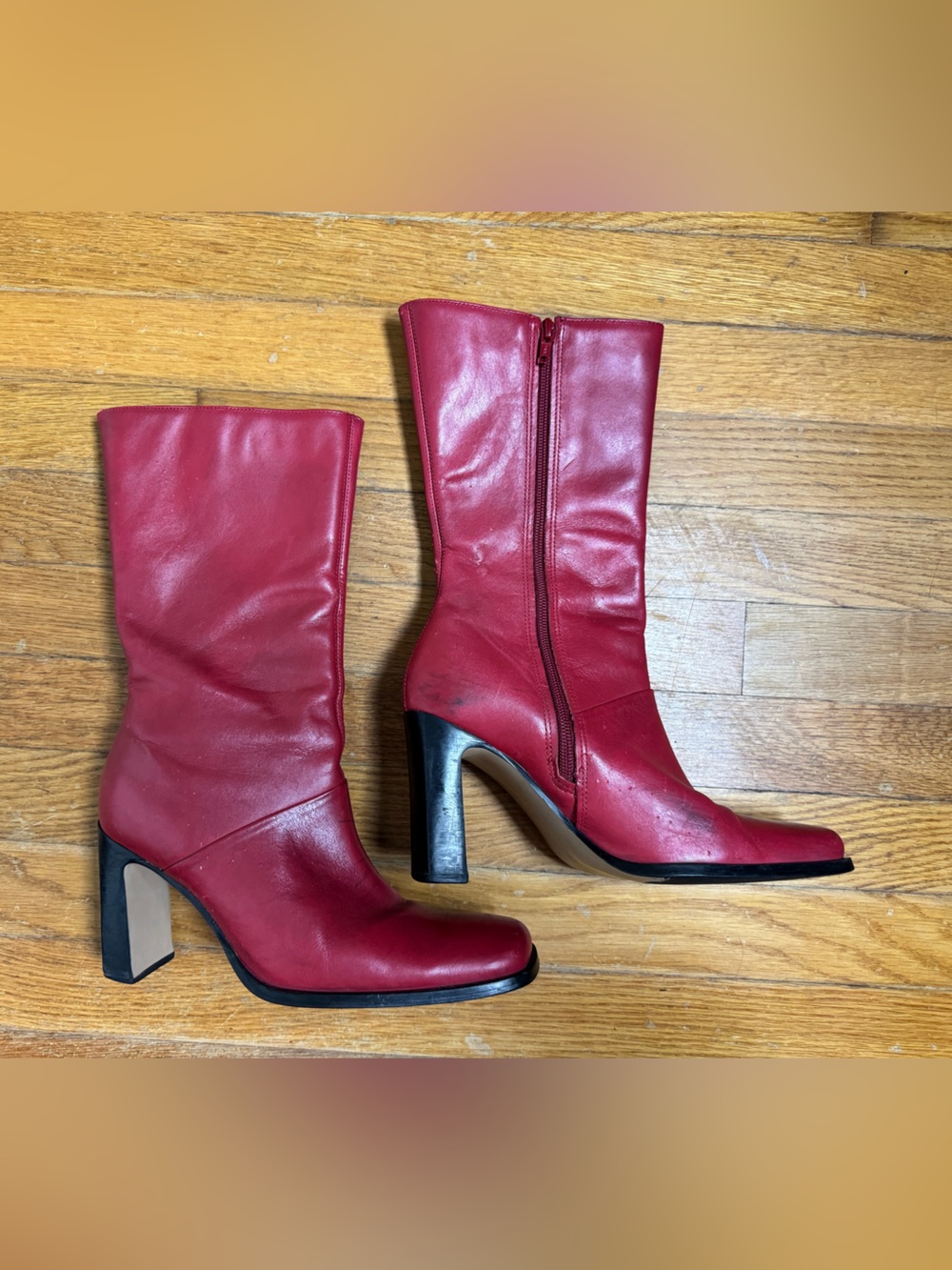 White Mountain Red Leather Mid-Calf Heeled Boots with Side Zip